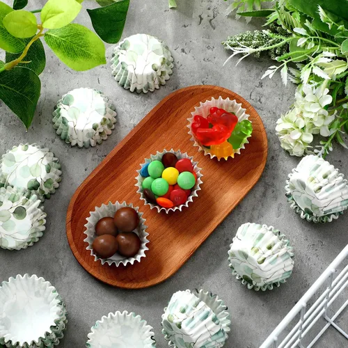 Vista 6 de 600 envoltorios verdes de mini cupcakes forros para hornear vegetación eucalipto cupcakes forros mini baby shower horneado rústico fiesta