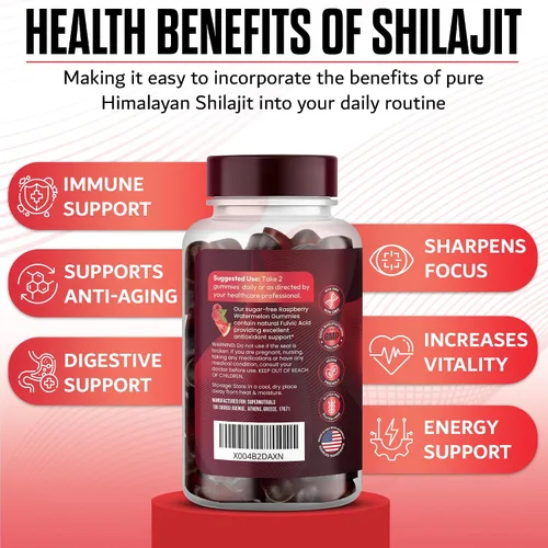 Vista 2 de Paquete de 2 gomitas Shilajit del Himalaya, 1000 mg cada una, 60 gomitas veganas sin azúcar por botella, orgánicas, sin OMG, energía, enfoque