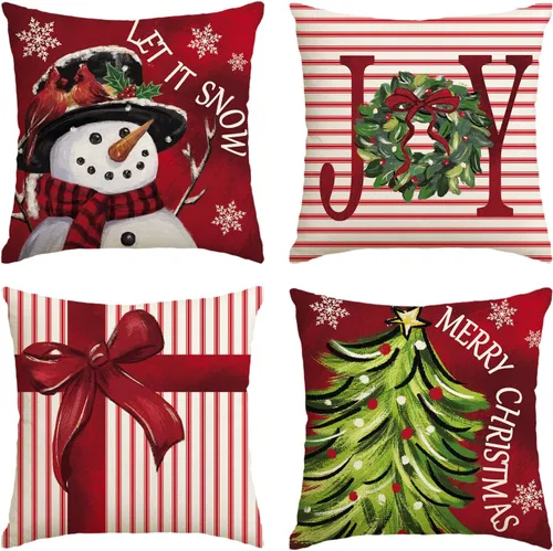 Vista 8 de AVOIN colorlife - Juego de 4 fundas de cojín con diseño de muñeco de nieve, árbol de Navidad y texto "Merry Christmas, Let It Snow, Love" en negro