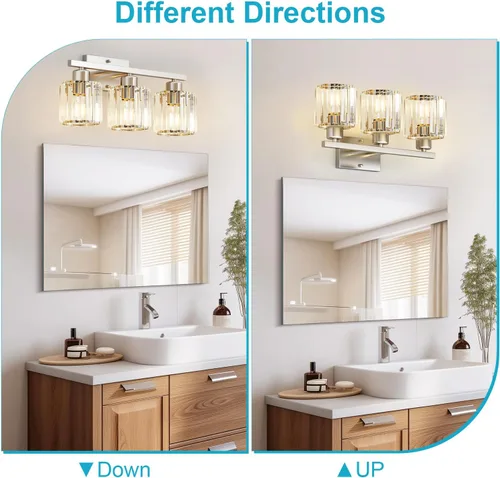 Vista 7 de GOLSPARK Modern Crystal Bathroom Vanity Light, Brushed Nickel Bathroom Lighting fixtures Over Mirror, 3-Light Vanity Light Fixtures, E26 Base Round
