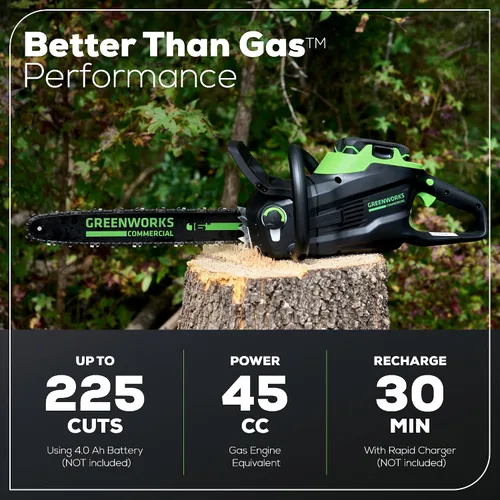 Vista 3 de Greenworks - Motosierra sin escobillas de 82 V, 16 pulgadas (2,4 kW) inalámbrica (225 cortes por carga), batería de 4,0 Ah y cargador rápido