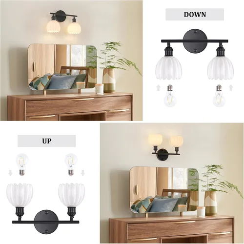 Vista 99 de Shenmoyl Lámparas de baño, lámpara de pared de 2 luces para tocador sobre espejo con pantalla de vidrio tulipán blanco para dormitorio, sala