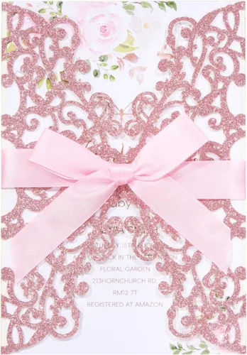 Vista 11 de AdasBridal 50 tarjetas de invitación de boda cortadas con láser con estampado floral, con sobre, hoja interior en blanco y cinta para boda Dorado