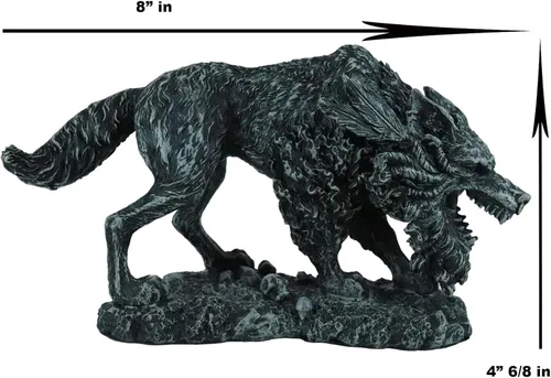 Vista 3 de Ebros Gift Estatua de Fenrir de mitología nórdica vikinga con acabado de piedra sintética, 8.25 pulgadas de largo, figura de lobo gigante Vánagandr
