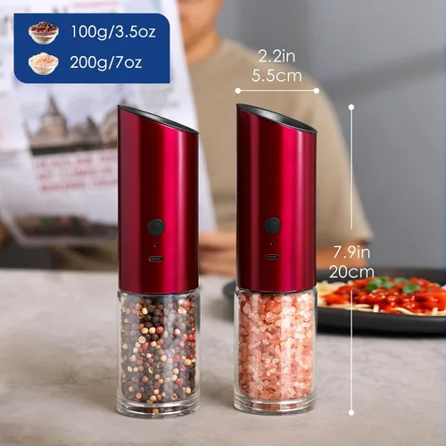 Vista 12 de Vzaahu Gravity - Molinillo eléctrico de pimienta y sal - Juego de 2 molinillo de sal y pimienta recargable de acero inoxidable con luz LED Rojo