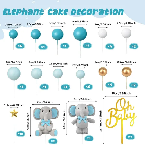 Vista 2 de 43 piezas de decoración de pastel de elefante azul, lindo elefante bebé, decoración para tartas, decoración de tarta, decoración de pastel