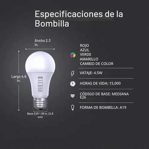 Vista 3 de Feit Electric Bombilla LED que cambia de color, A19 con una bombilla de base media E26, equivalente a 60 W, vida útil de 15 años