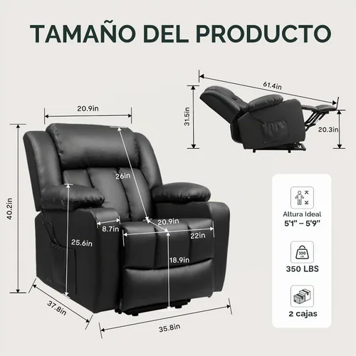 Vista 3 de FLEXISPOT XL31 - Silla reclinable con elevación eléctrica para ancianos, silla elevadora eléctrica con masaje y calor, sofá reclinable de piel Negro