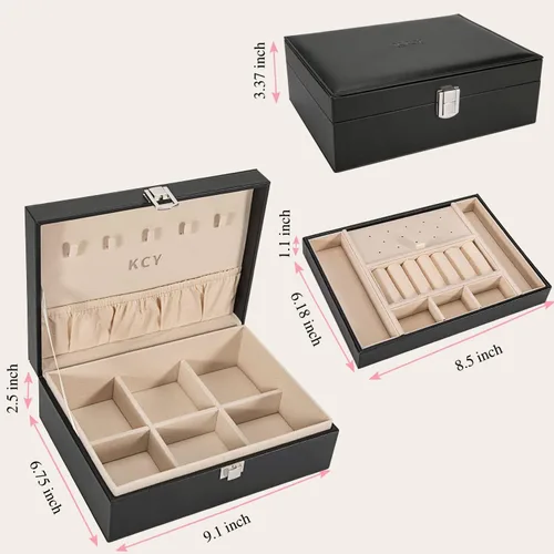 Vista 5 de KCY Organizador de joyas para mujeres y niñas, estuche grande de cuero sintético con soporte de exhibición de 2 capas y bandeja extraíble