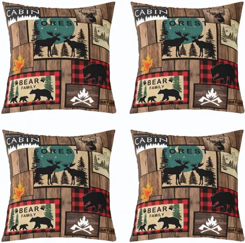 Vista 11 de Paquete de 4 fundas de cojín de oso con alce de 16 x 16 pulgadas, alfombra de reno, diseño geométrico de búfalo a cuadros con diseño de enrejado