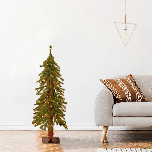 Vista 2 de National Tree Company 3ft Pre-Lit Hickory Cedar Mini Christmas Tree 50 luces transparentes, 139 puntas, base de placa de metal, artificial, verde