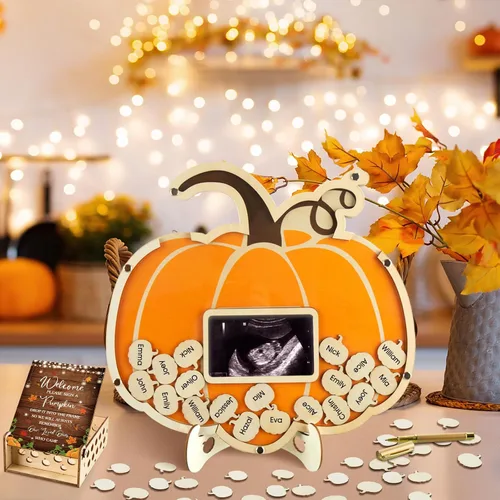 Vista 2 de Thyle Juego de 63 piezas de calabaza para baby shower, libro de invitados de otoño, Halloween, calabaza, baby shower, con marco de fotos, marco