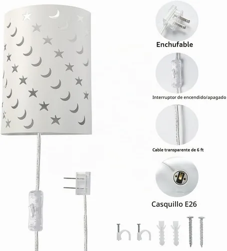 Vista 2 de Aplique de pared enchufable con estrellas y lunas para niños, lámpara de pared para habitación de bebé con interruptor de encendido/apagado de cable