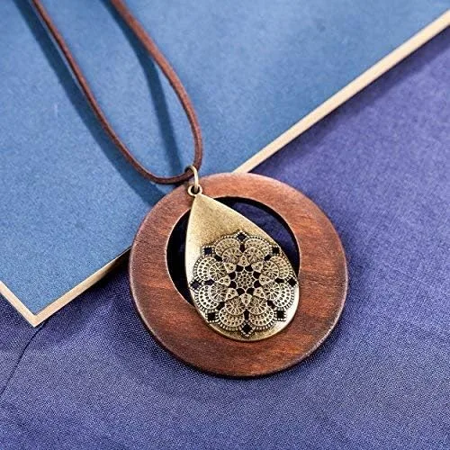 Vista 3 de COOSTUFF ANNA- Collar con dije para mujer, joyería de madera hecha a mano, collar largo para mujer