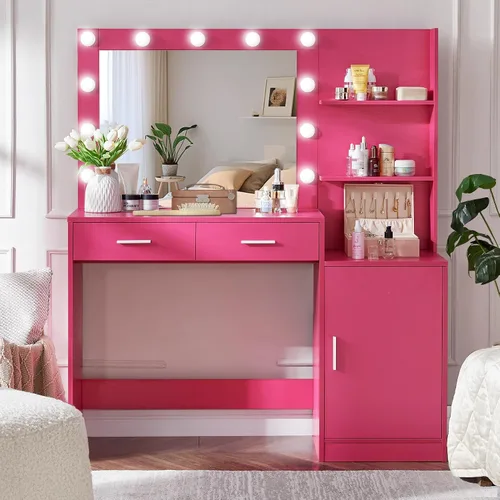 Vista 8 de MIRROTOWEL Escritorio de tocador de 47.5 pulgadas con espejo grande, 3 modos de iluminación de color, brillo ajustable, cómoda con 3 cajones y 2