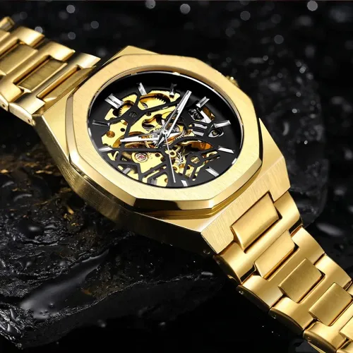 Vista 4 de Tiong Relojes automáticos de moda Reloj de pulsera mecánico dorado para hombre Relojes esqueleto con esfera transparente de acero inoxidable