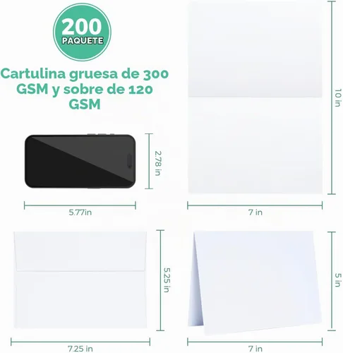 Vista 2 de Ohuhu Paquete de 200 tarjetas y sobres blancos en blanco A7 5 x 7