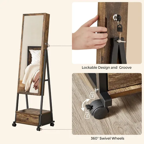 Vista 4 de SONGMICS UJJC004X01 - Organizador de joyas con cerradura con espejo de longitud completa, cajón inferior, estante, ruedas, regalos de Navidad