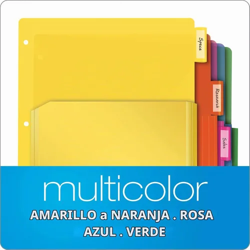 Vista 5 de Oxford Separadores de carpetas de plástico expandibles, funciona con carpeta de 3 anillas, bolsillos frontales flexibles, 5 pestañas, plástico