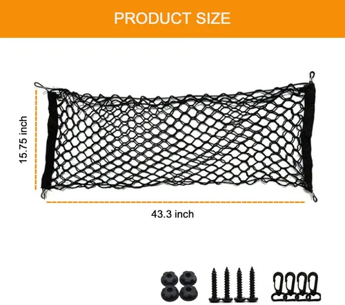 Vista 2 de QODOLSI 1 red de equipaje para maletero de automóvil, 3.6 pies x 1.3 pies, red elástica ajustable de almacenamiento de carga para camión