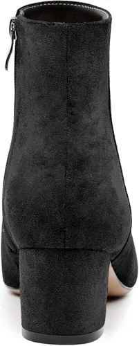 Vista 4 de Aachcol Botas de tobillo de tacón medio alto para mujer, botines cortos con puntera puntiaguda, gamuza de 2 pulgadas