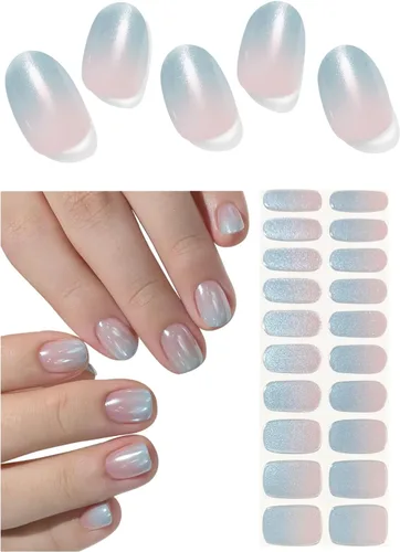 Vista 6 de Tiras adhesivas de uñas de gel semicuradas, 20 pegatinas adhesivas UV de color azul cromo, envolturas para manicura casera DIY