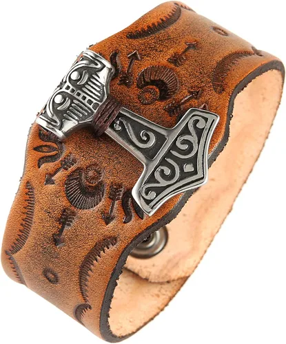 Vista 2 de HZMAN Mjölnir - Pulsera de piel auténtica para hombre diseño gótico ajustable estilo gótico