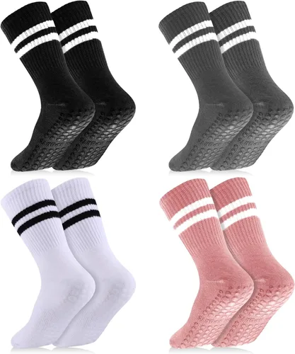 Vista 7 de Jspupifip 4 pares de calcetines largos de pilates con agarre, antideslizantes, para yoga, pilates, barre, entrenamiento, hospital, 4 pares