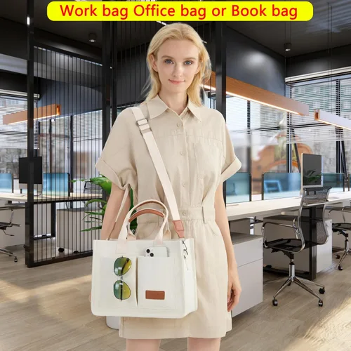 Vista 6 de Bolso de mano para mujer con compartimentos, bolso grande de lona para mujer, bolso cruzado de trabajo, portátil, bolsa de libros, bolsos de hombro