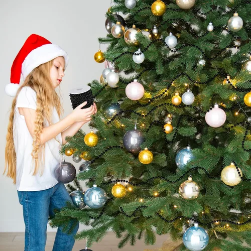 Vista 6 de Guirnalda de 100 pies para árbol de Navidad, decoraciones de cuentas de Navidad negras, decoraciones de árbol de Navidad, guirnalda de perlas Negro