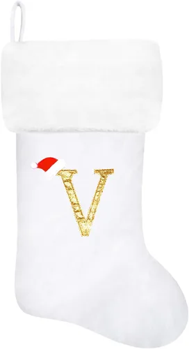 Vista 132 de Calcetines de Navidad bordados de 20 pulgadas con monograma, terciopelo negro con puño de felpa blanca supersuave, adornos clásicos para decoración