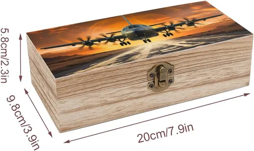 Vista 3 de Caja de almacenamiento de madera, joyero de madera vintage con tapa con bisagras, aterrizaje de avión militar en pistas de la fuerza aérea contra