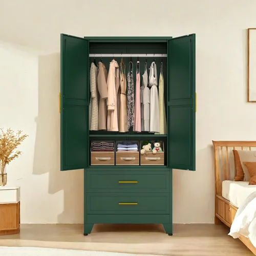Vista 9 de PAOFIN Armario de metal negro de 71 pulgadas, armario de almacenamiento de ropa para dormitorio con 2 cajones y barra para colgar, armario