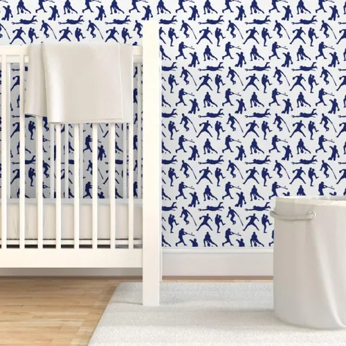 Vista 6 de Spoonflower Papel tapiz para despegar y pegar - Jugadores de béisbol Azul oscuro Deportes Hombres Thin Line Kids Papel pintado extraíble