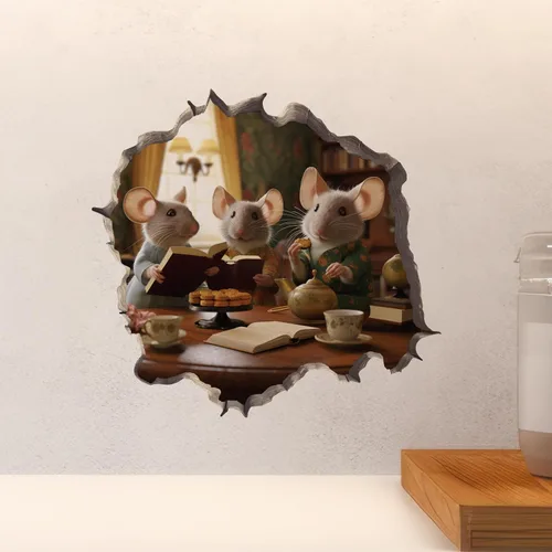 Vista 4 de Book Club - Adhesivo de pared 3D con diseño de ratones en agujero de ratón