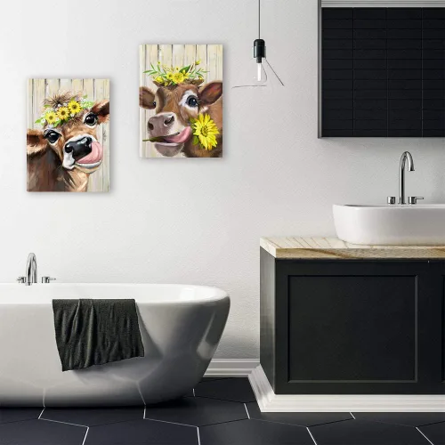 Vista 3 de Lienzo decorativo para pared, 2 piezas de vaca campestre con flores, girasol, lienzo, cuadros, rústico, lindo y humorístico, estampado de vaca