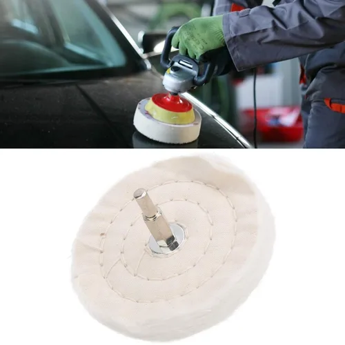 Vista 5 de Kit de rueda de pulido de tela blanca para taladro, herramientas de pulido de espejo de algodón de tipo plano con mango para joyería de metal, acero