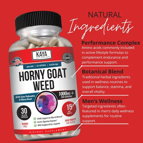 Vista 5 de Kaya Naturals Horny Goat Weed para hombres y mujeres, complejo de 1560 mg con maca, palma enana americana, ginseng, suplemento de vitamina