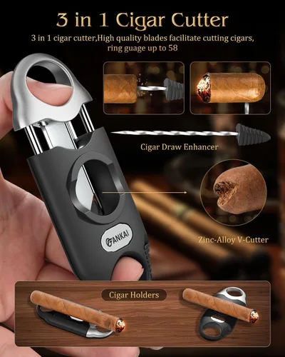 Vista 4 de Caja de cigarros, caja de humidor de viaje con cortador de puros, caja de almacenamiento portátil de cigarros forrada de madera de cedro, guillotina