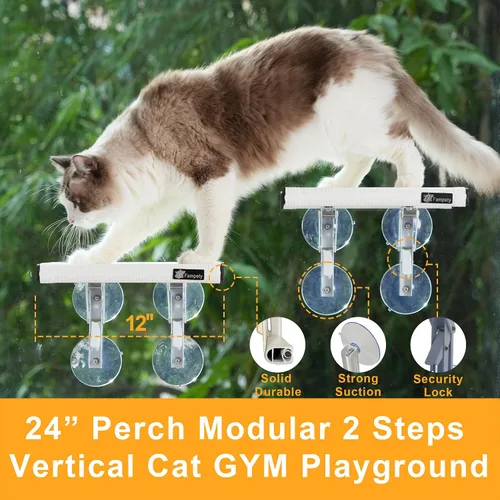 Vista 3 de Percha para ventana de gato XL de 24 pulgadas = 12 pulgadas Duo Pac Step=2 mini soportes para espacios estrechos, juego de gimnasio vertical