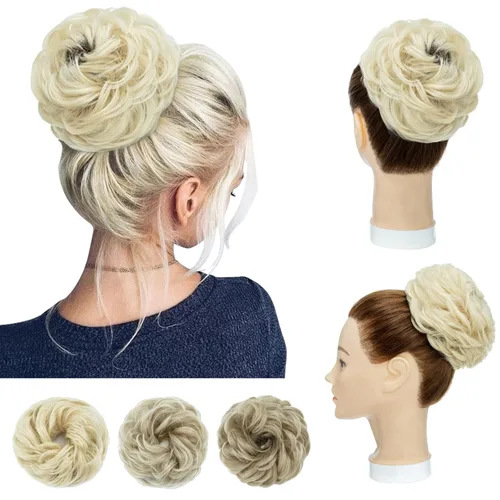 Vista 7 de Hairro Pieza de pelo para mujer, moño desordenado, esponjoso, despeinado, recogido, ombré, coleteros sintéticos, dona, elástico, para boda, novia