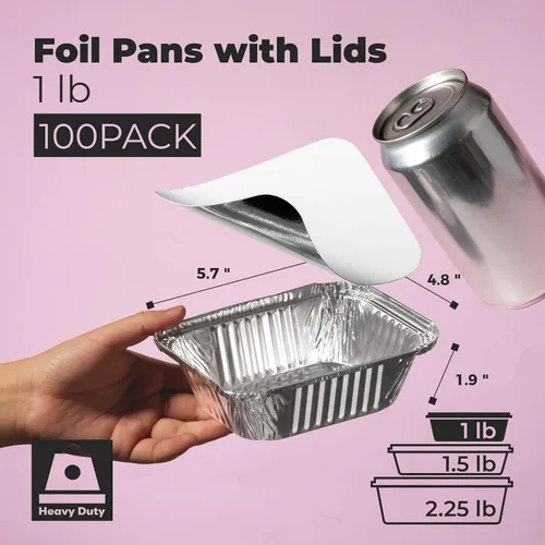 Vista 2 de Fit Meal Prep Paquete de 100 sartenes pequeñas de papel de aluminio de 1 libra con tapas, recipientes desechables para alimentos con tapas