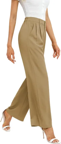 Vista 3 de Feiersi Pantalones de trabajo de negocios para mujer, de cintura alta, pantalones de pierna ancha, pantalones largos y rectos con bolsillo
