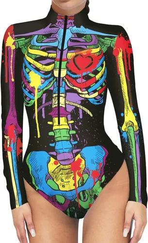 Vista 11 de Enterizo de esqueleto para mujer, con cremallera, traje sexy de una pieza para Halloween Esqueleto 3D
