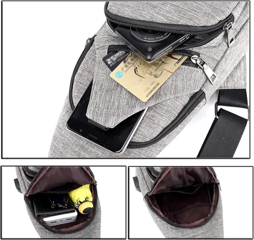 Vista 4 de Bolso bandolera para mujeres y hombres, mochila deportiva, bolsas de hombro, bolsa de viaje, senderismo, bolsa de pecho de moda con USB, C-gris