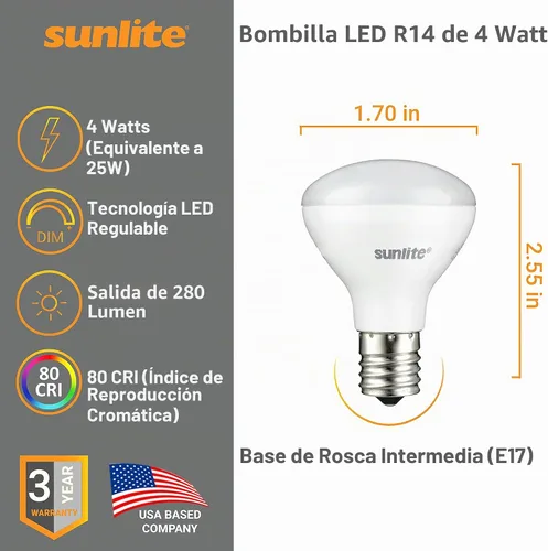Vista 2 de Sunlite Mini bombillas LED R14, 4 vatios (equivalente a 25 W), 280 lúmenes, base intermedia (E17), regulable, certificación ETL, blanco suave