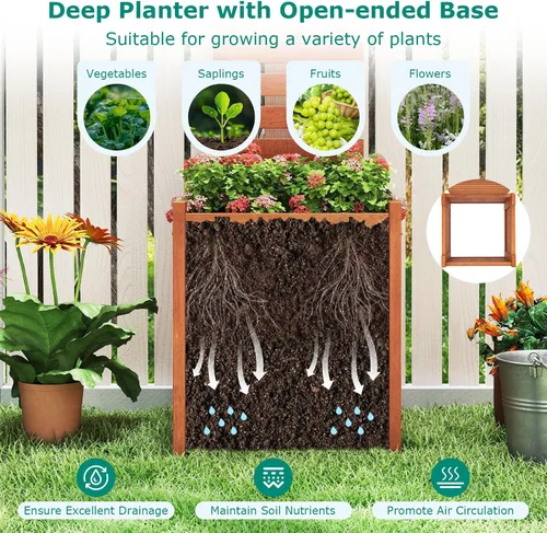 Vista 5 de Giantex Cama de jardín elevada de madera con enrejado, maceta para exteriores con base abierta para plantas trepadoras, profundidad de plantación
