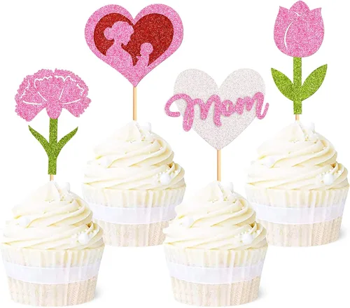 Vista 16 de Ercaido - Paquete de 48 adornos para cupcakes para el Día de la Madre con purpurina de oro rosa con purpurina para el Día de la Madre para la mejor