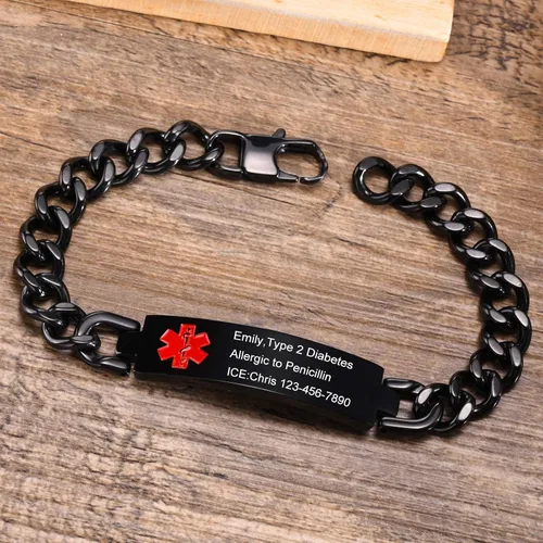 Vista 3 de VNOX Pulsera de identificación de alerta médica con grabado gratuito para hombres y mujeres, etiqueta médica, cadena de eslabones de acero inoxidable