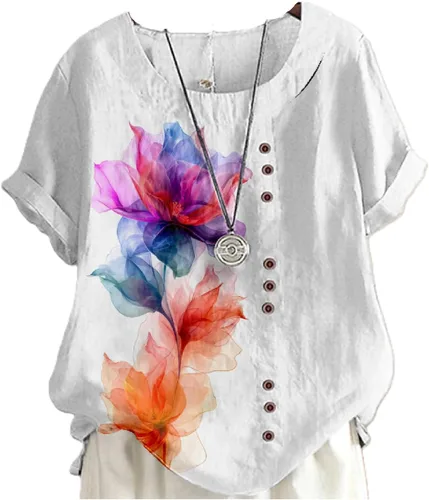 Vista 25 de domirica Camisetas de verano para mujer 2024 con estampado de flores, algodón, lino, manga corta, cuello redondo, camisas casuales de moda